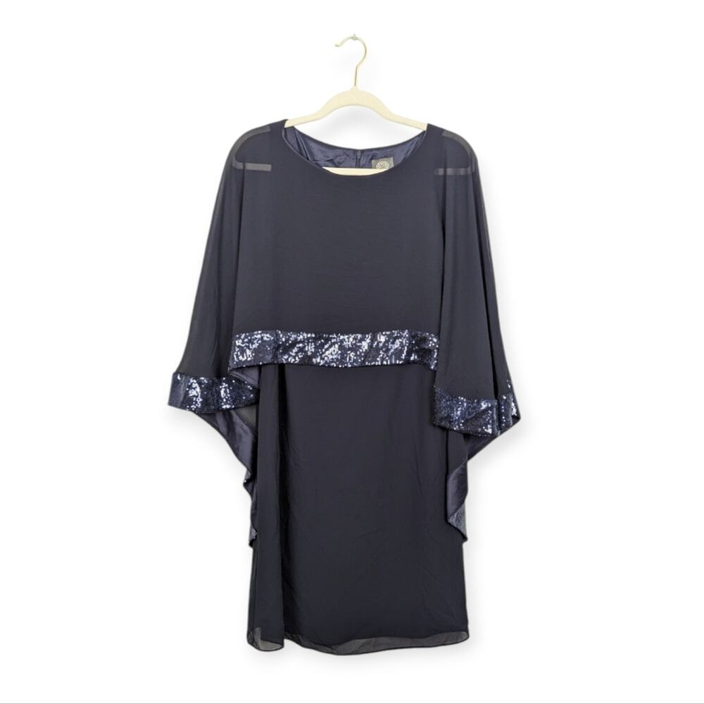 Vince Camuto Cape Sheath Dress 8 Navy Sequin Trim Cocktail NWT - Picture 1 of 9